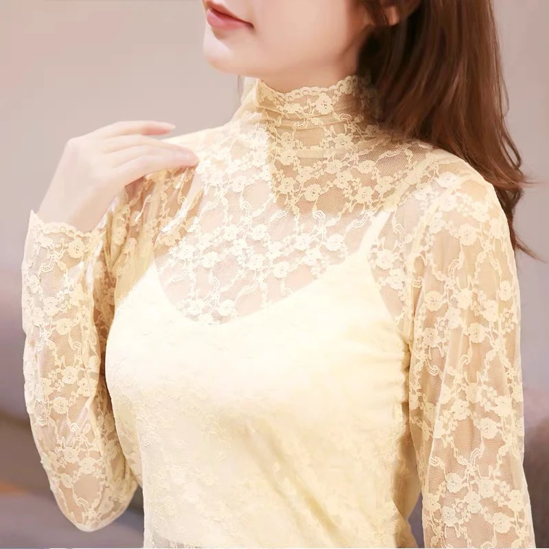 183#半高领蕾丝打底衫女长袖镂空木耳边内搭薄款上衣大码女长袖