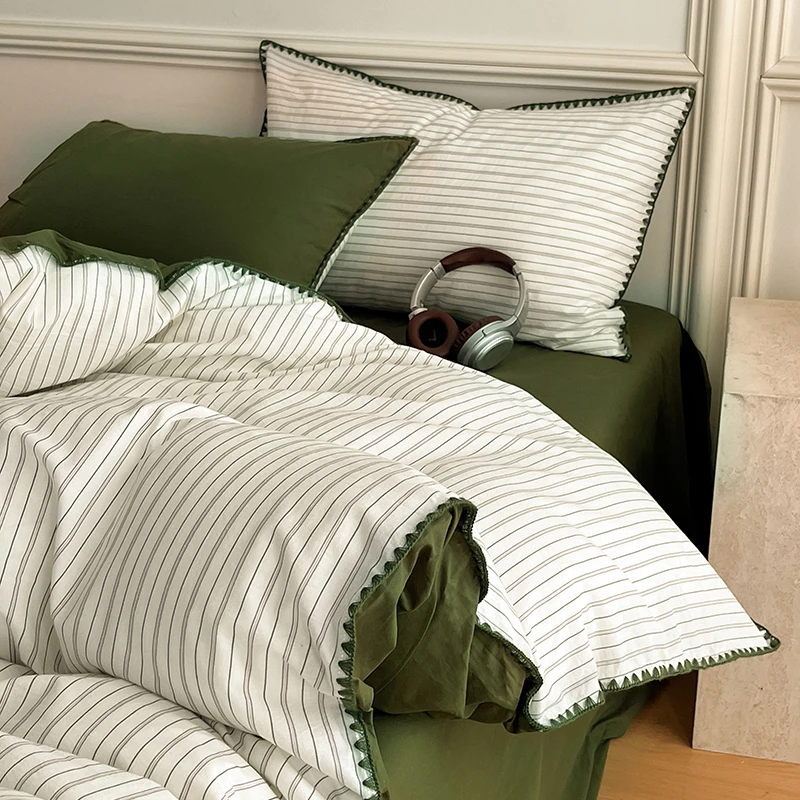 北欧简约全棉水洗棉床上四件套纯棉条纹被套床单床笠款床品三件套