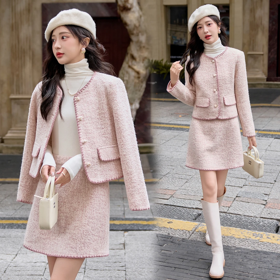 法式小香风毛呢套装裙女2025年秋季新款温柔风气质减龄短裙两件套