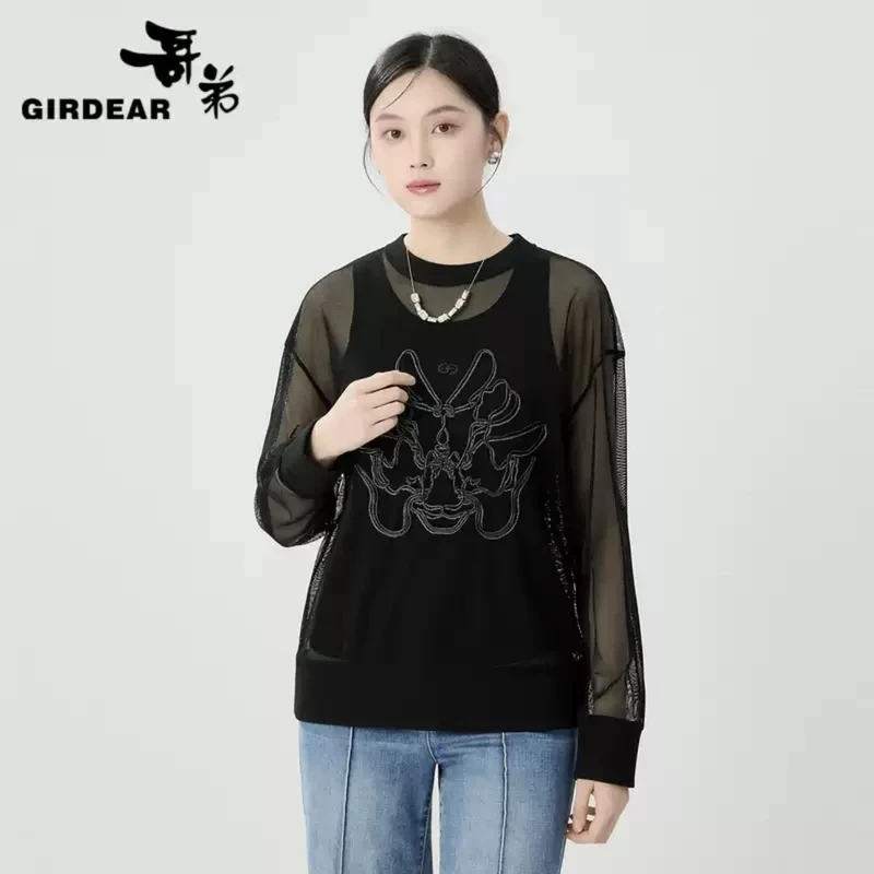 GIRDEAR/哥弟女装黑色时尚哥弟图案造型镂空圆领套头罩衫1301084