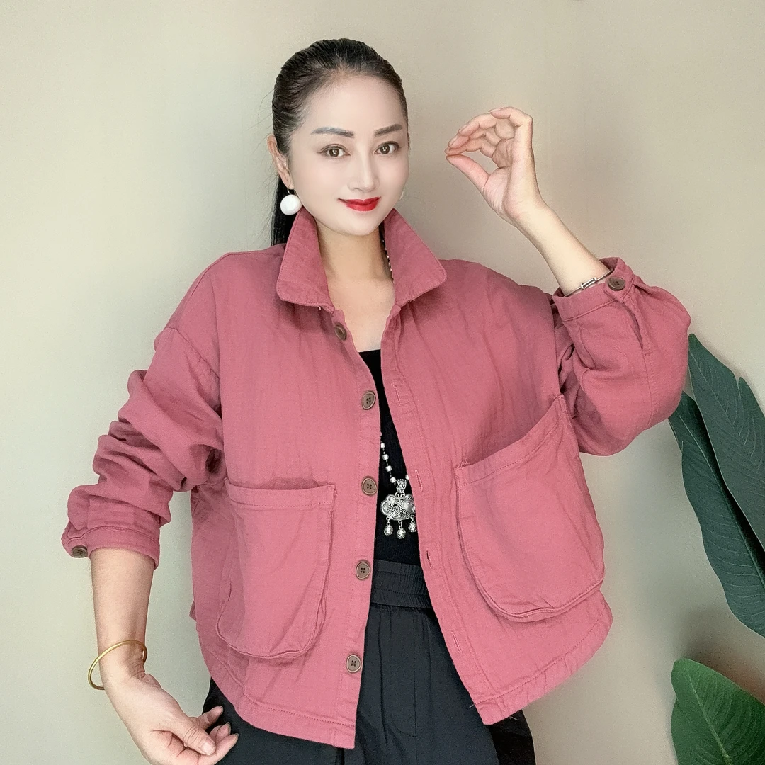 秋季新款翻领系扣大口袋双层棉纱上衣女宽松休闲百搭翻领短外套