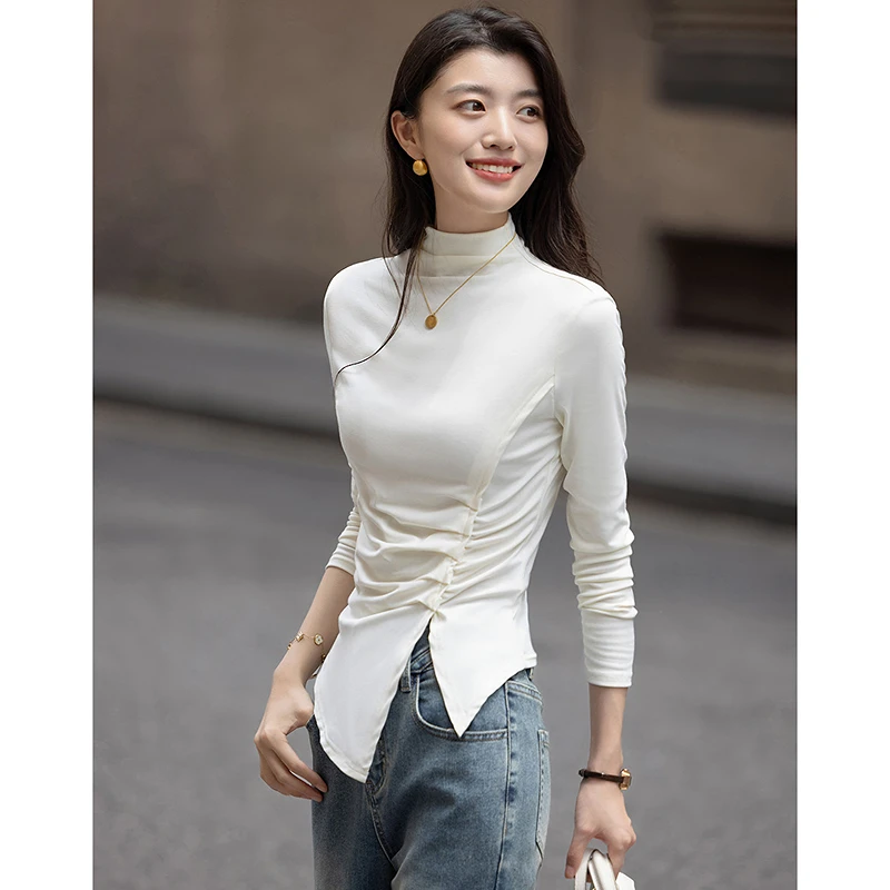 dme德·玛纳含呼吸感莱赛尔秋季文艺复古风半高领不对称长袖t恤