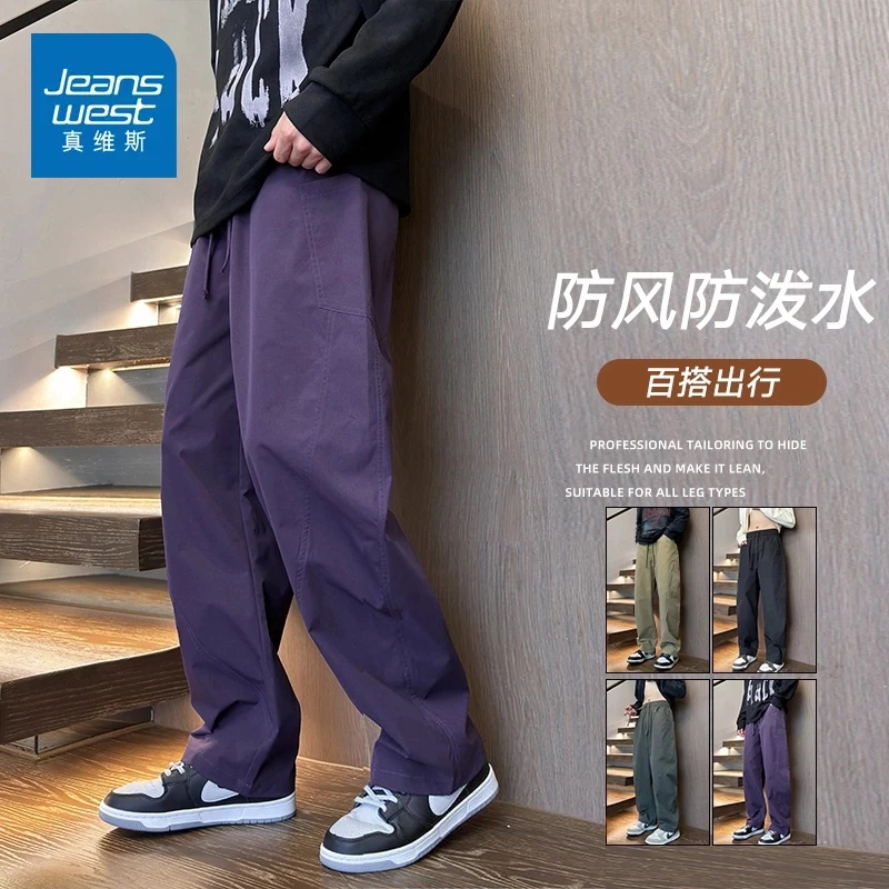 真维斯高级紫春秋宽松阔腿休闲裤男潮流弯刀裤百搭直筒工装裤子男