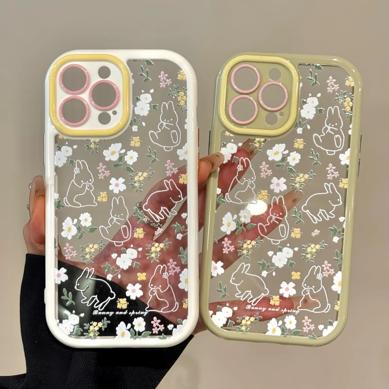 山茶花线条兔适用苹果16promax手机壳iPhone15奶油壳小米简约华为