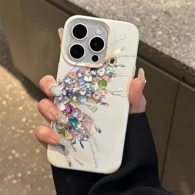 皮纹款宝石蝴蝶适用苹果16promax手机壳iPhone15全包13pro/14软12