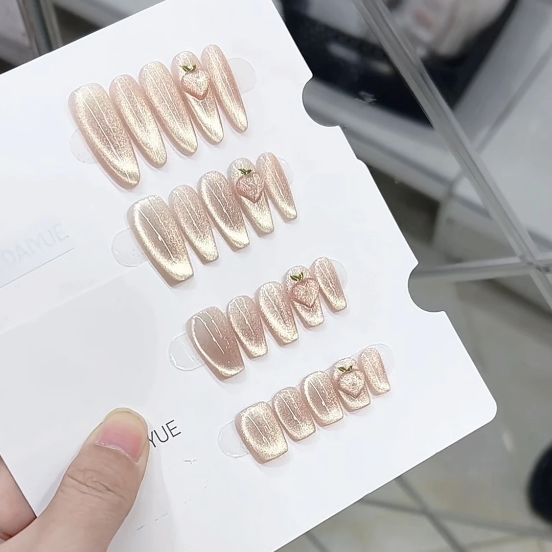 {蜜桃啵啵}纯手工光疗穿戴甲蜜桃啵啵爆闪春款成品重复使用美甲贴