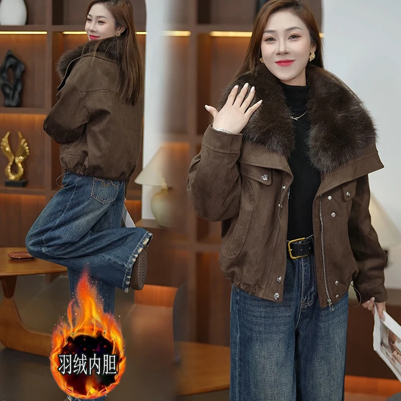 牛仔皮绒棉服短外套女2025冬季韩版宽松大毛领显瘦百搭保暖夹克女