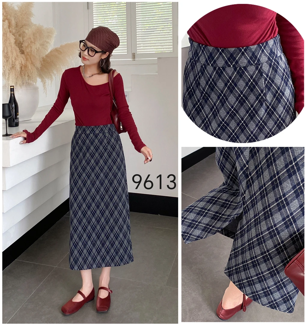 9613#秋冬款时尚显瘦高腰中长款格子半身裙