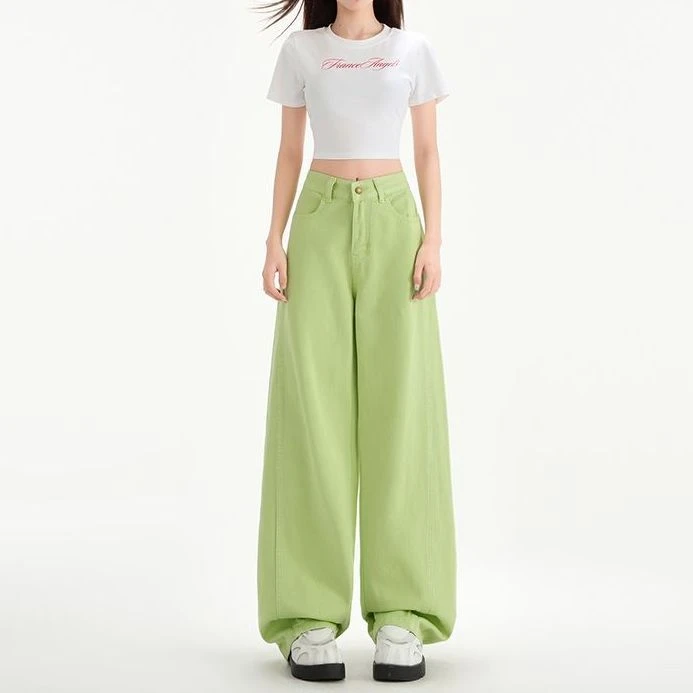 苹果绿阔腿垂感牛仔裤女小个子2025春秋新款显瘦直筒宽松百搭休闲