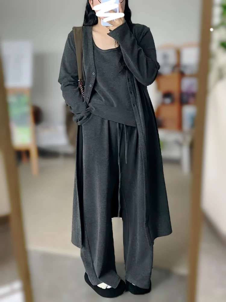 慵懒休闲长款开衫+背心+阔腿长裤三件套显瘦套装