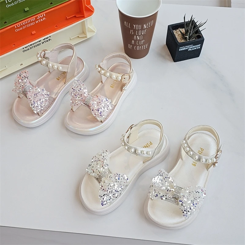 015童鞋2025夏款韩版水钻亮片蝴蝶结女童露趾凉鞋公主鞋时装鞋