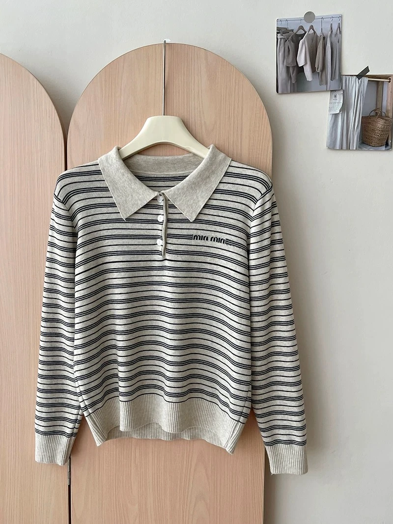 XUE.STUDIO-条纹POIO领针织衫宽松懒惰风长袖上衣打底衫6087