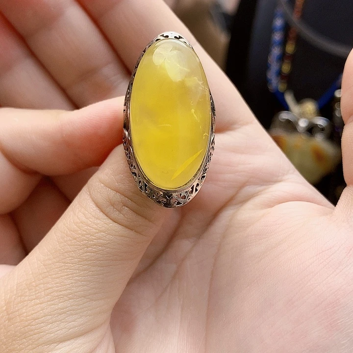 银S925镶嵌琥珀裸石戒指