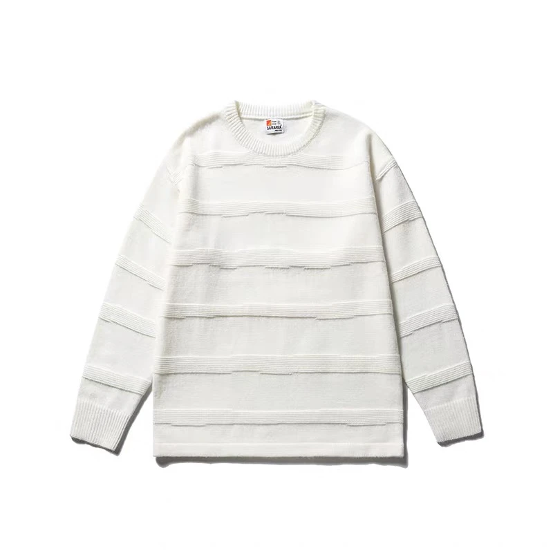 日系复古慵懒风圆领条纹针织毛衣男女 AW219