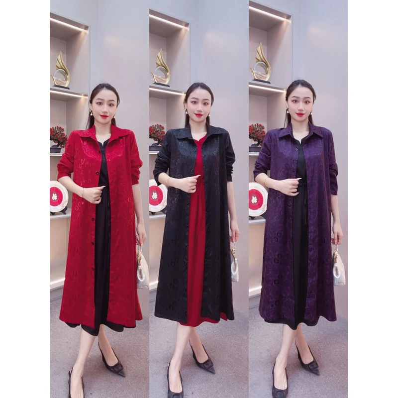 秋季新款外套妈妈装长袖九分袖宽松长款【玫瑰外套】