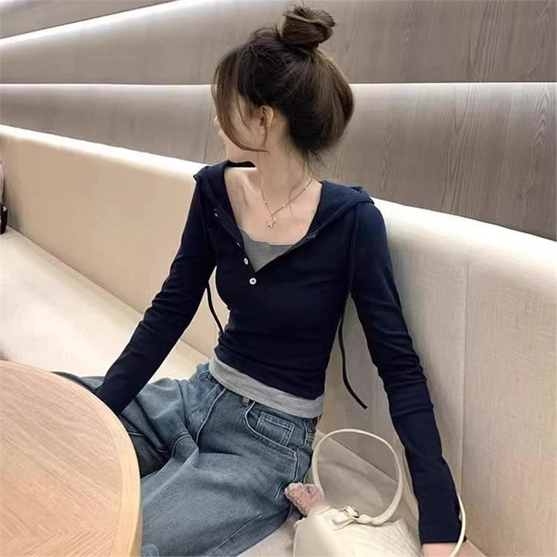 假两件连帽长袖t恤女生春秋季设计感小众修身显瘦独特超好看上衣