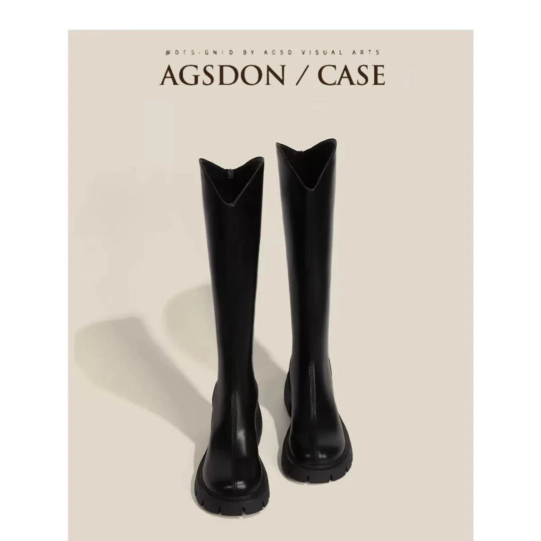 Agsdon/奥古狮登厚底增高长筒靴女2024春秋季新款高筒长靴 骑士靴