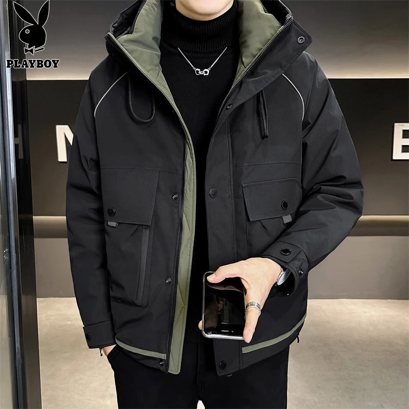 花花公子男士羽绒服纯色连帽保暖休闲工装百搭宽松外套男冬季新款