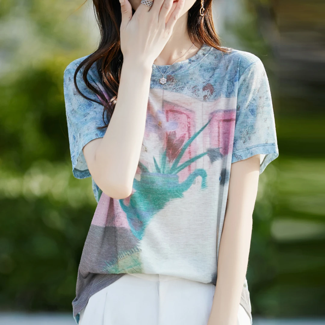 大码女装夏装微胖mm冰丝针织衫女士短袖t恤遮肚子巨显瘦印花上衣