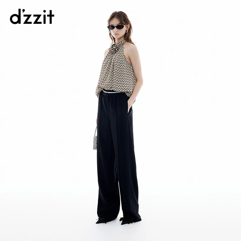 【商场同款】dzzit地素休闲裤夏季三醋酯黑色直筒裤女3J2Q4081A