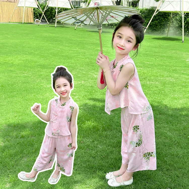 女童新中式国风棉绸套装2025新款洋气时髦夏季夏装汉服女宝两件套