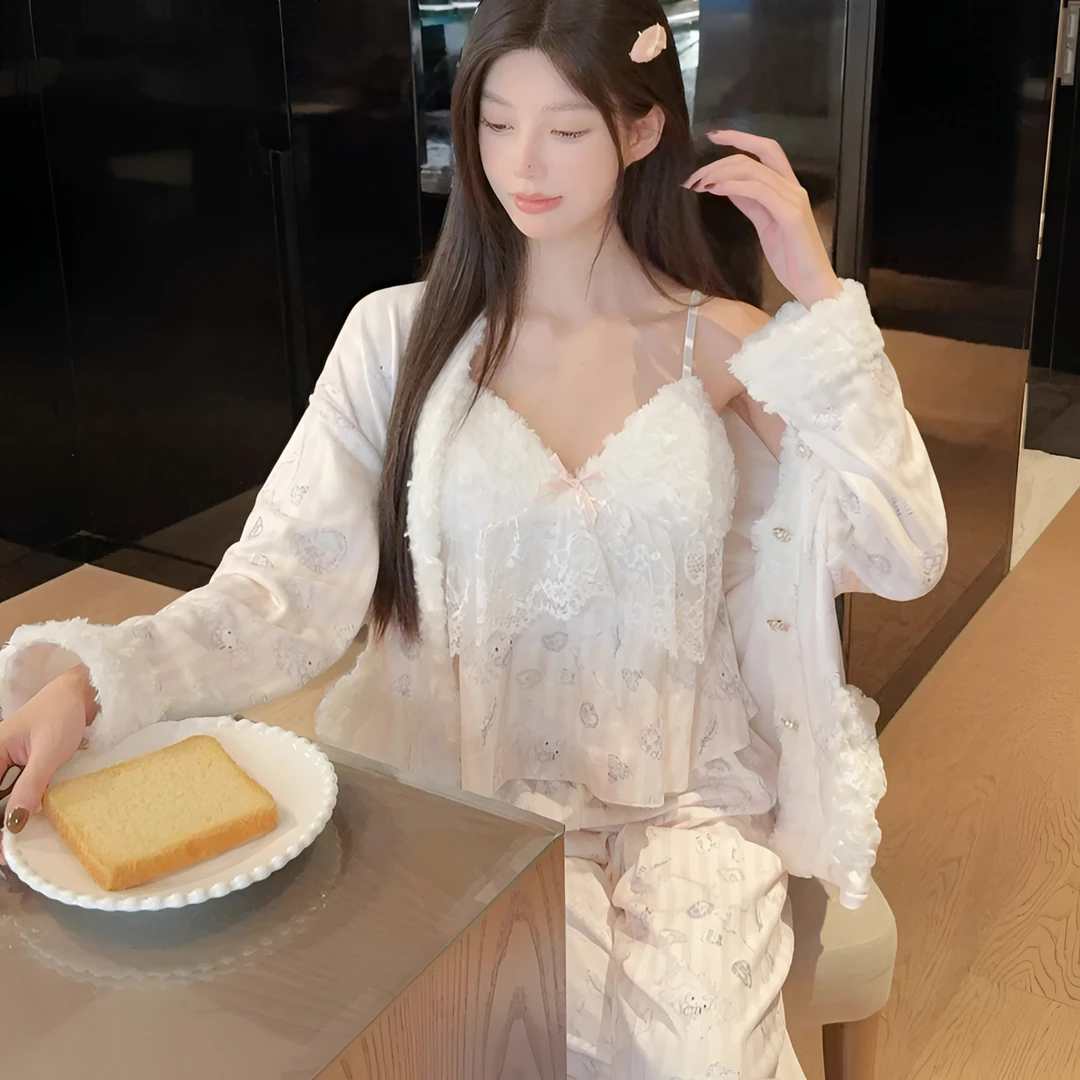 甜心kitty海岛绒睡衣女秋冬长袖纯欲性感甜美家居服三件套装外穿