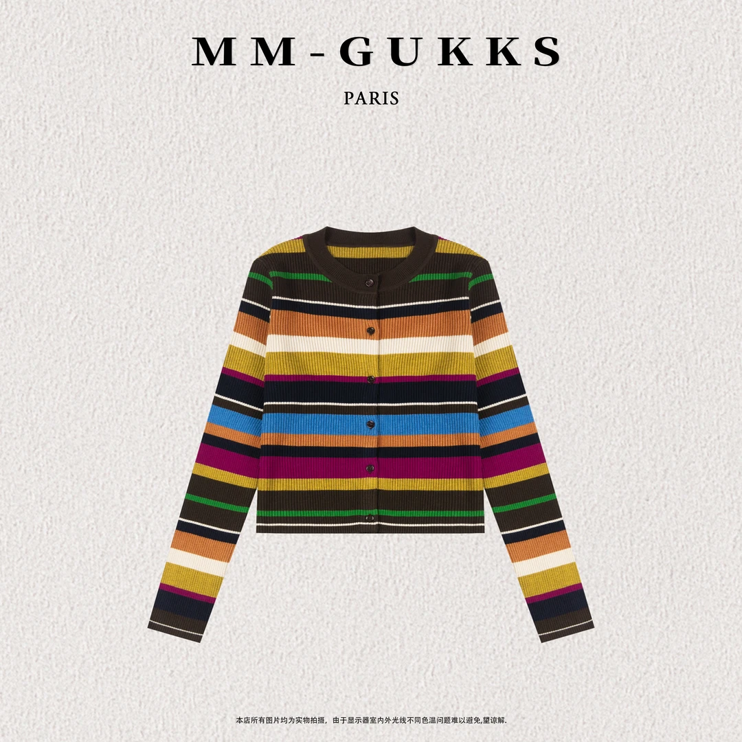 明明GUKKS『彩虹千金』秋季新品设计师多巴胺彩色条纹针织开衫上衣