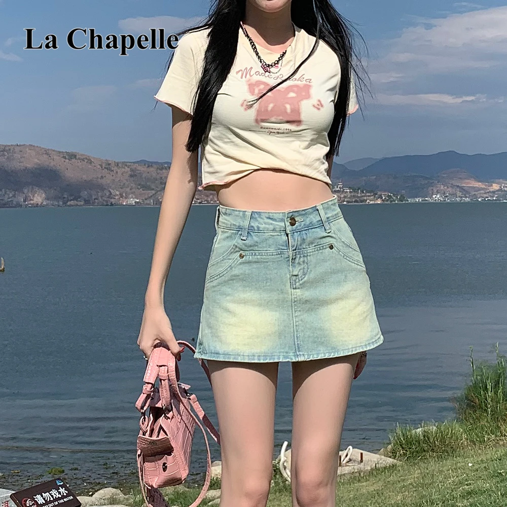 拉夏贝尔2025夏款牛仔短裤女韩版高腰设计感显瘦辣妹A字包臀裤子