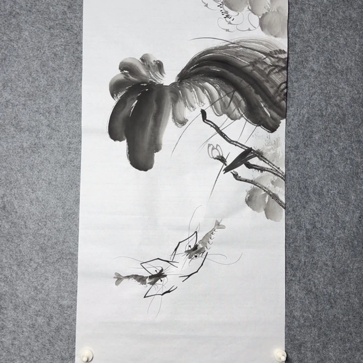 国画手绘国风荷花虾图