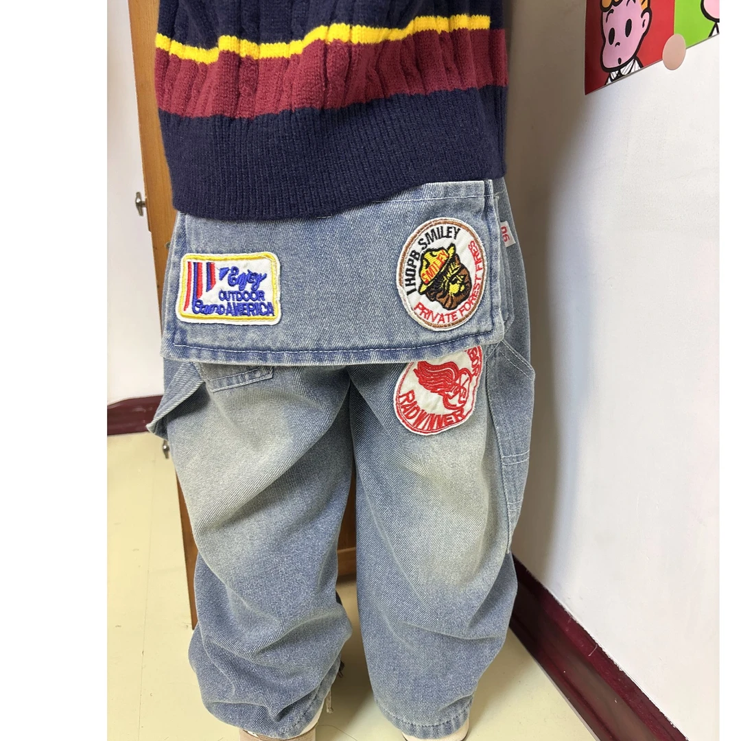 BOBO日系儿童徽章宽松加绒复古儿童牛仔裤