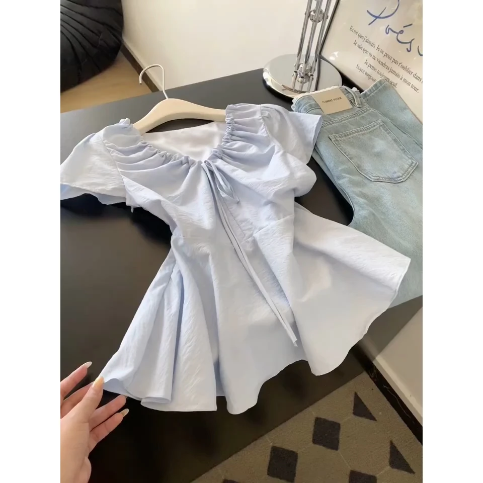 法式甜美减龄百搭小众别致设计感上衣女2025韩版夏季气质v领衬衫