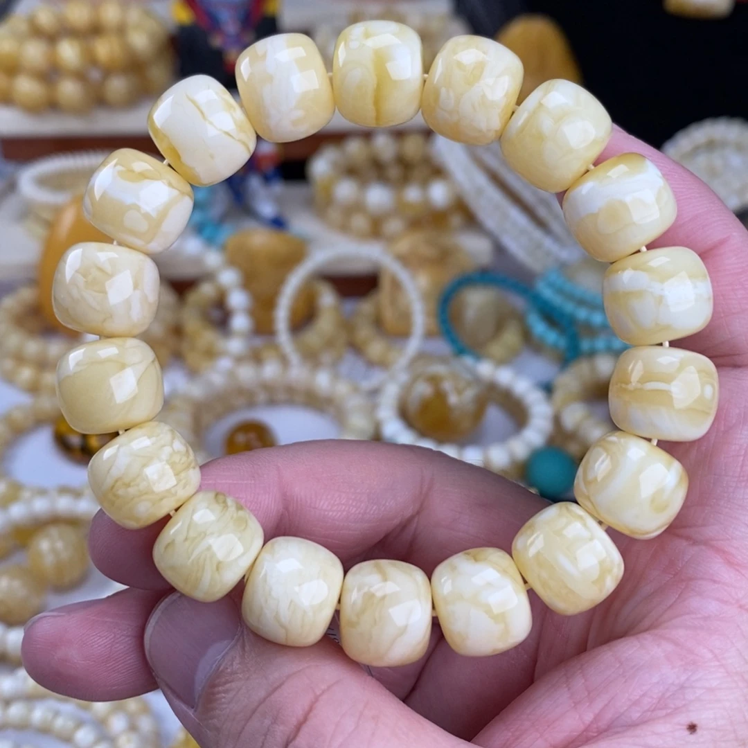 ****羊蜜蜡未镶嵌手链瓷白白底虎皮纹13.8mm