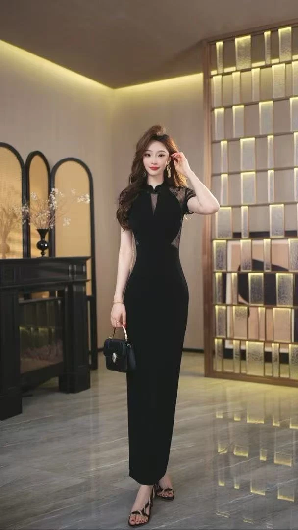 罗曼湾湾 黑色显瘦气质夏季复古长款收腰蕾丝镂空中长款连衣裙