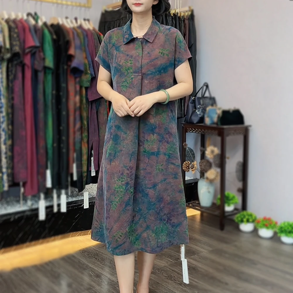 古韵蚕物【99251】老料扎染翻领双面穿龟裂纹桑蚕丝香云纱连衣裙