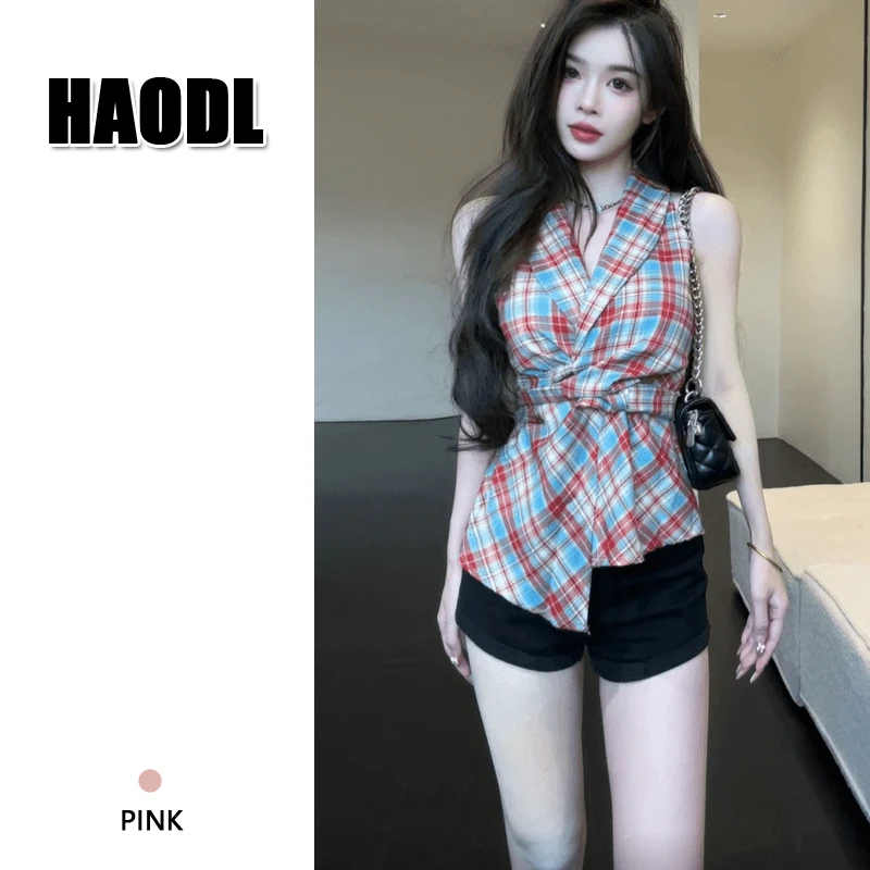 【XINYJ】韩版别致绝美格子V领背心女夏季小众设计感显瘦无袖上衣女