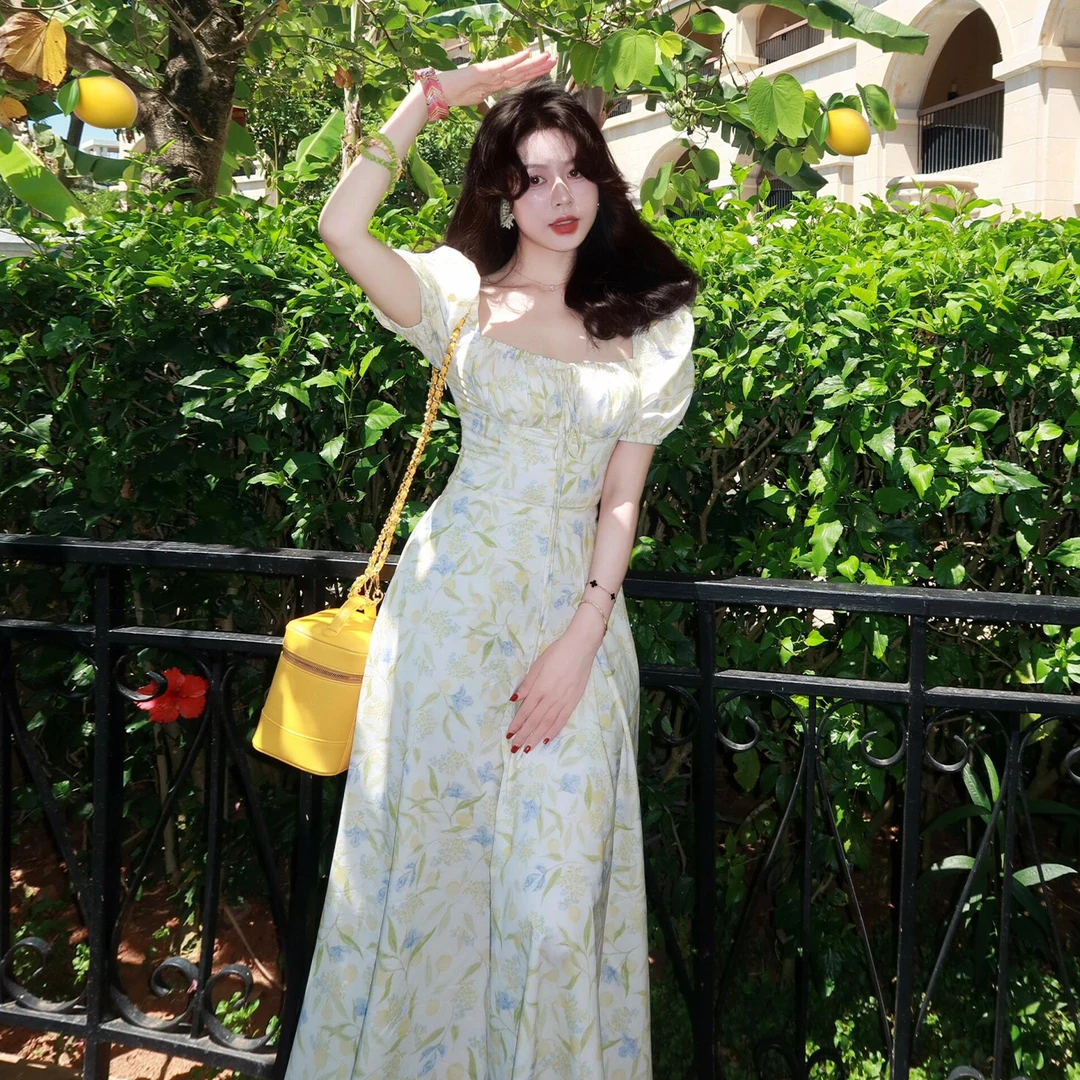 【现货+运补】法式复古泡泡袖碎花气质收腰显瘦长裙5106