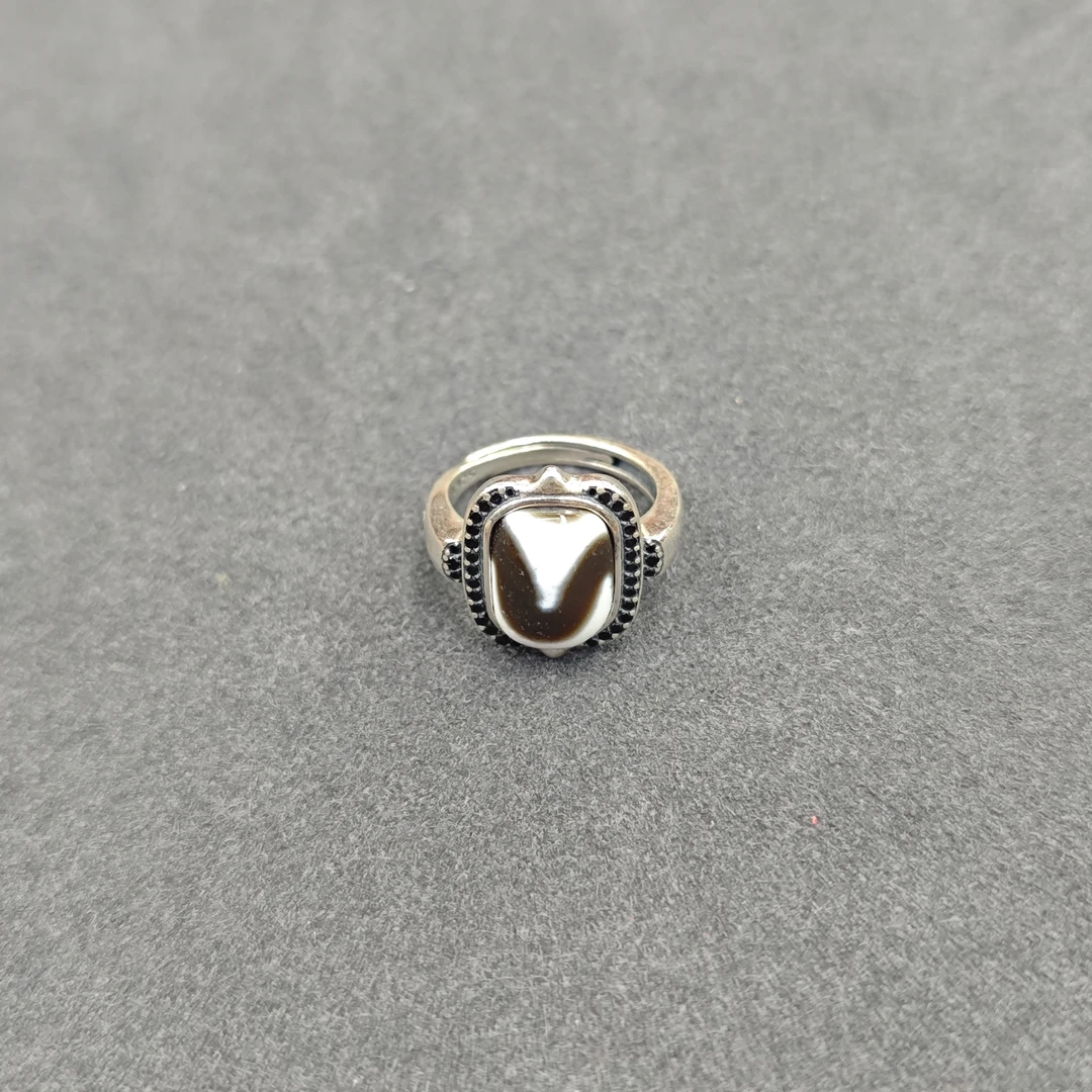 玛瑙大猫牙925银戒指 7772