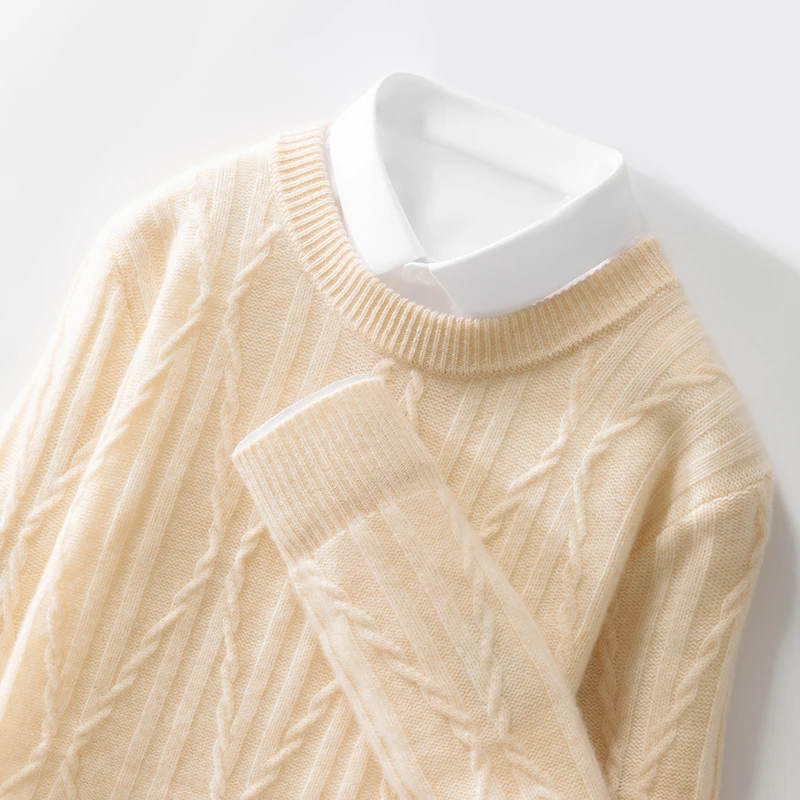 七针加厚大绞花款~秋冬新款100澳洲羊毛衫男圆领扭花宽松休闲打底