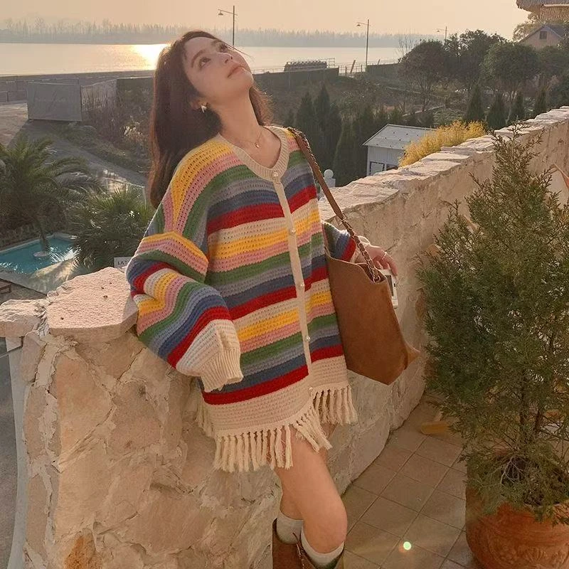 毛针织衫宽松百搭针织彩虹春秋冬常规款韩版开衫复古时尚外穿条纹