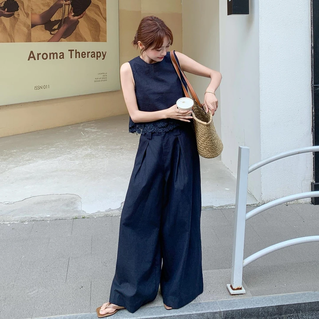 韩系高级感花边无袖短款上衣阔腿裤套装女2025夏气质藏青色两件套