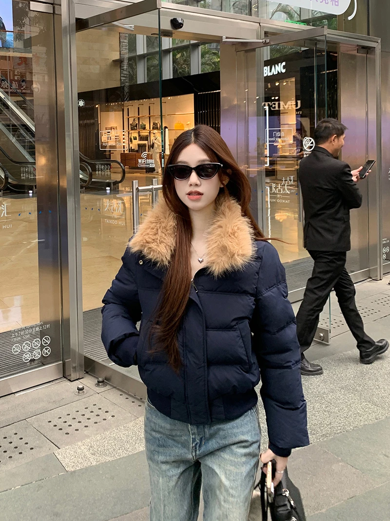 【Yumi】高级可拆卸毛领秋冬加厚保暖棉服藏青色棉衣棉绒服外套