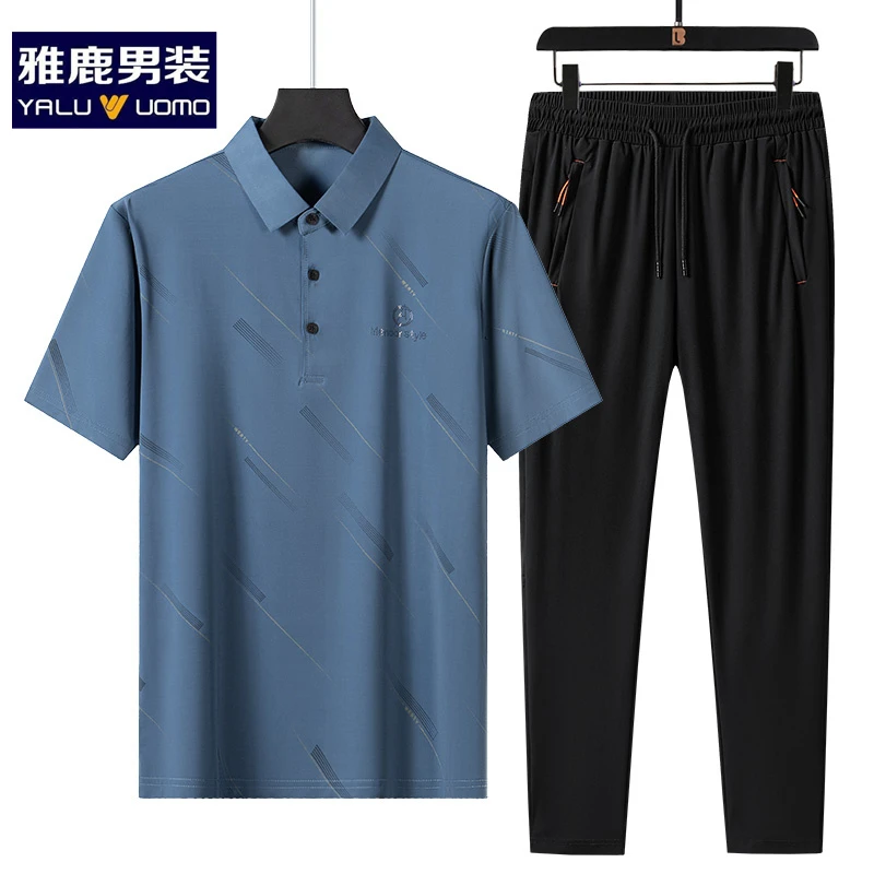 雅鹿男装夏季套装男两件套2025新款爸爸夏装短袖休闲中老年人衣服