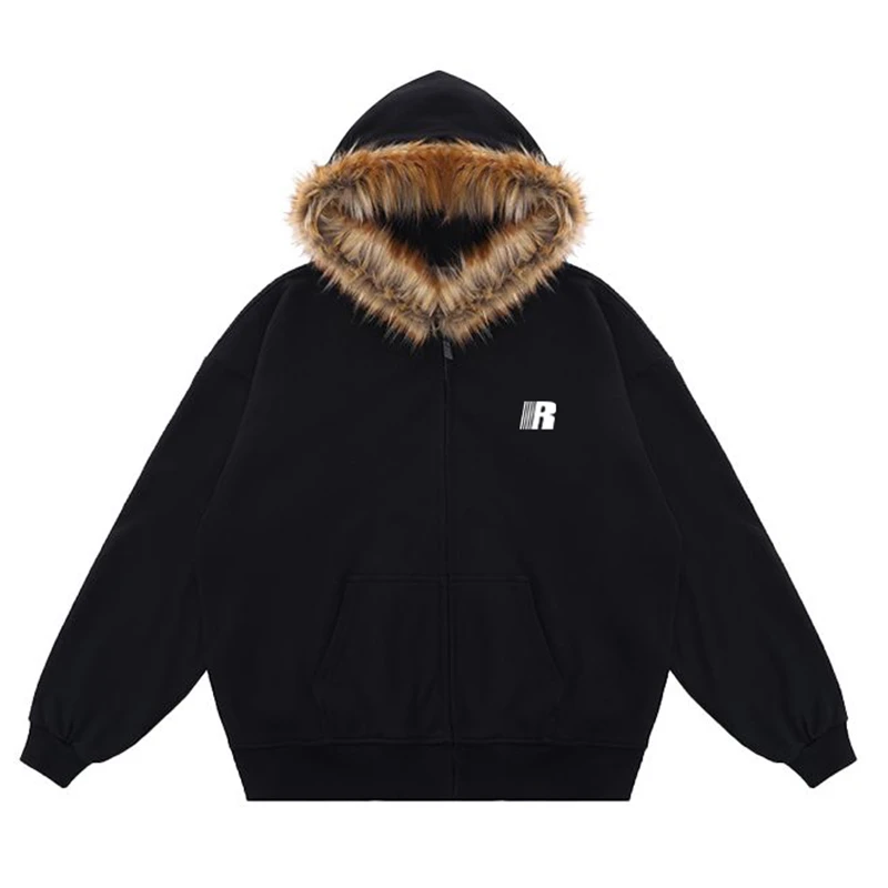 jtrt美式复古风高街毛领连帽卫衣男女士oversize秋冬加厚韩系外套