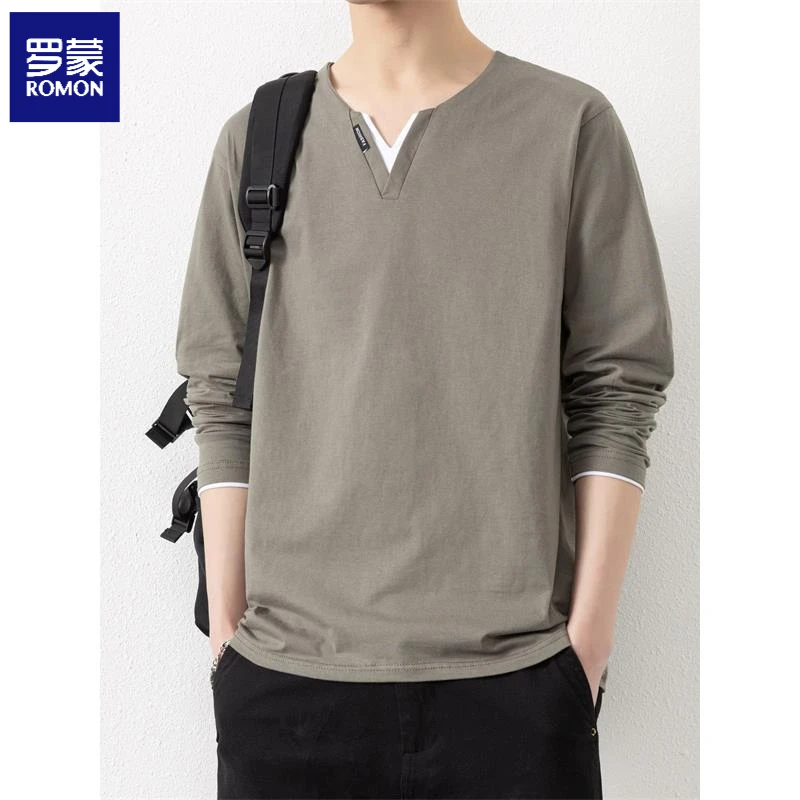 罗蒙2025新款假两件v领长袖t恤男春秋薄款外穿卫衣休闲打底小衫