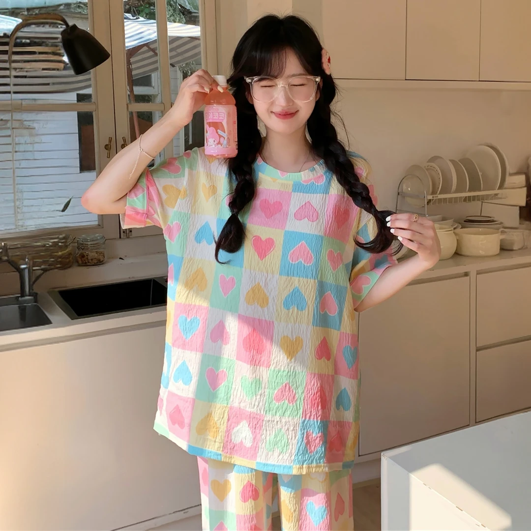 新款睡衣女云朵棉夏季短袖宽松大码可外穿薄款休闲可爱家居服套装