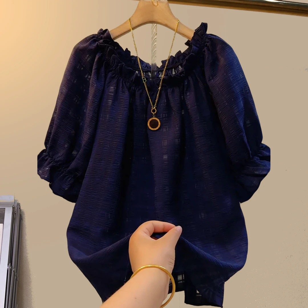 夏季大码女装胖妹妹蓝色木耳边一字肩大版遮肉宽松百搭显瘦半袖