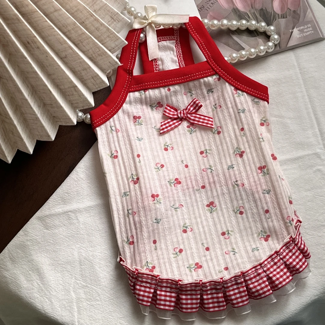 春夏新款狗狗衣服樱桃小丸子吊带裙博美马尔泰西高地比熊NO退NO换