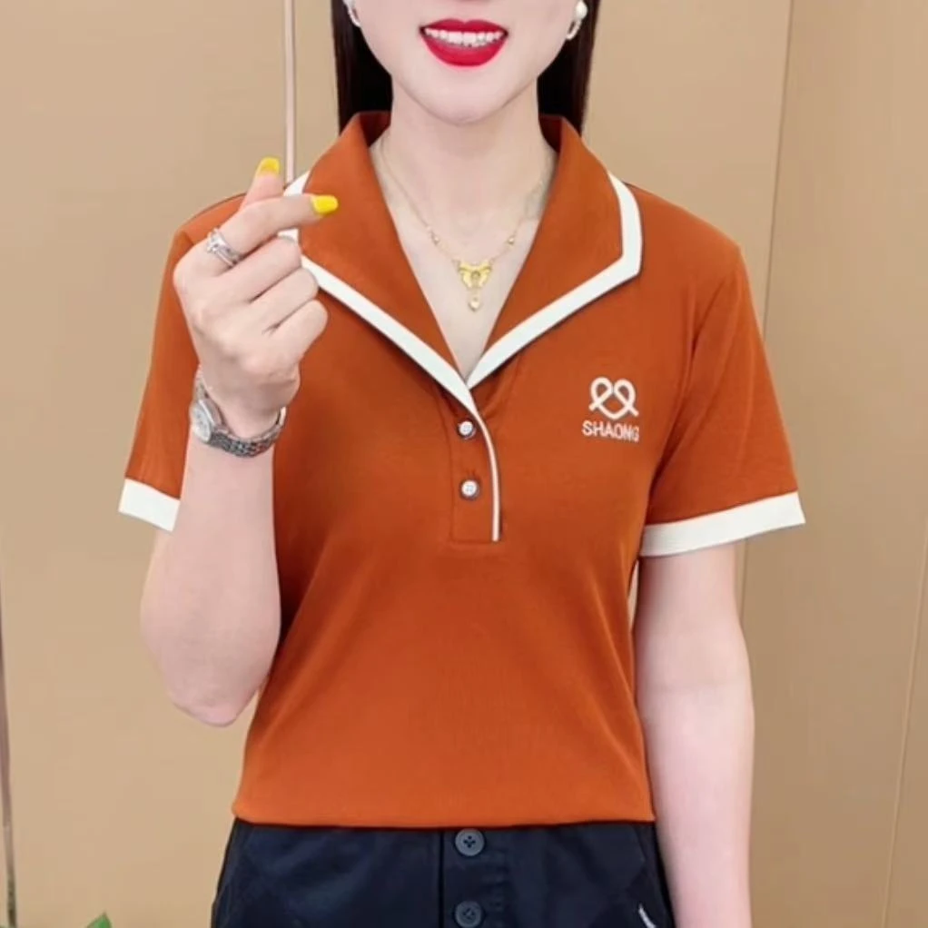 夏季新款精致翻领刺绣纯色简约时尚t恤通勤休闲百搭短袖上衣M066