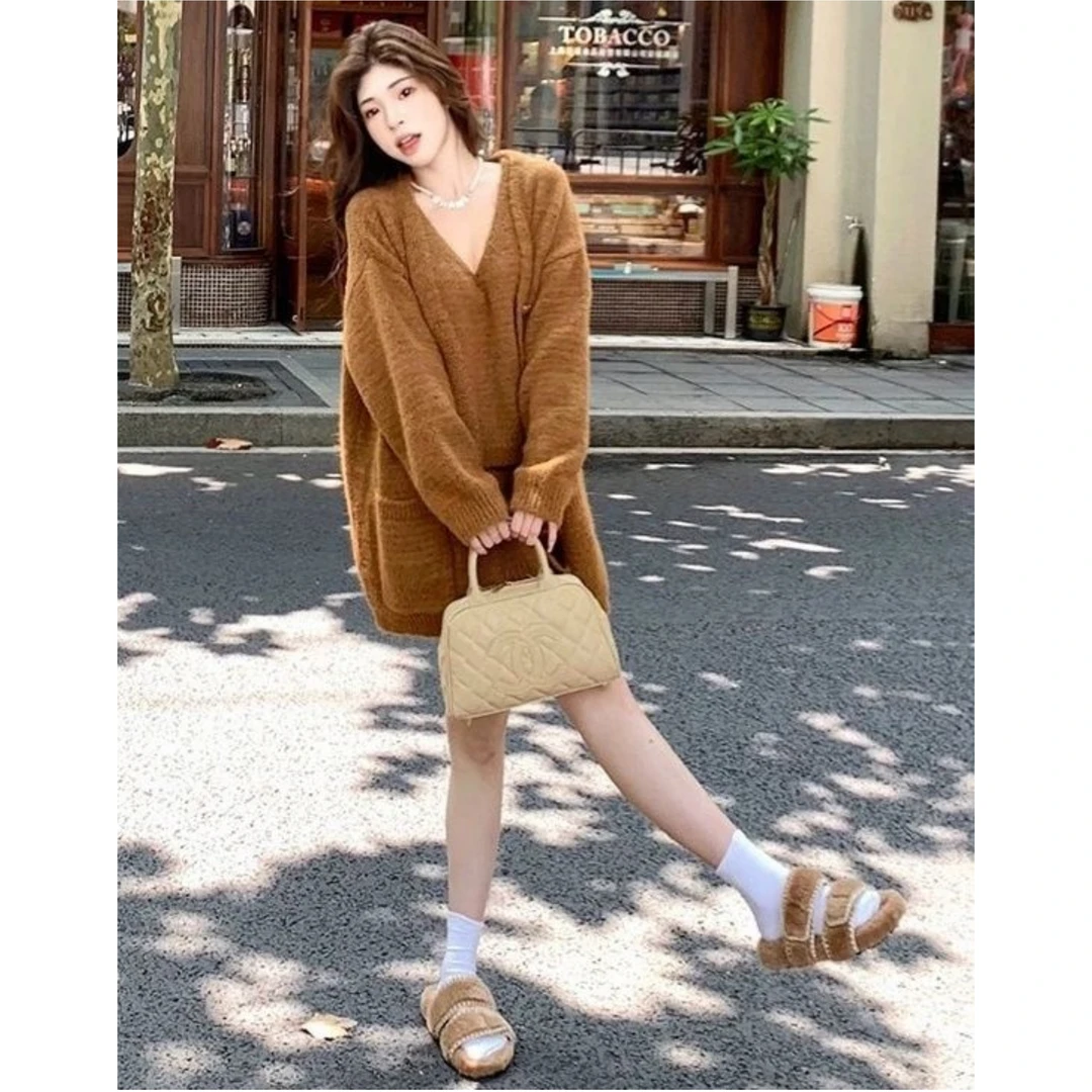 法式针织开衫慵懒中长款毛衣女背心半身裙三件套装