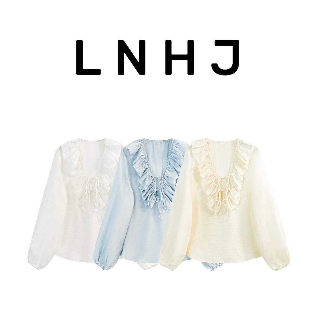 LNHJ【花楹】洋气时尚气质设计感花边v领长袖衬衣
